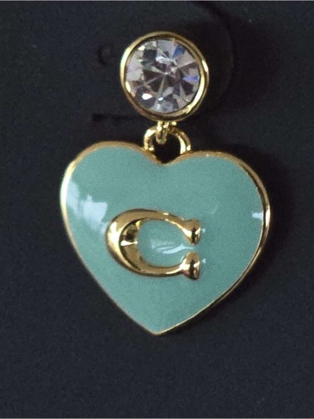 NWT Coach Heart Drop Earrings Light Green Enamel Gold C Logo on Earring Card - Picture 3 of 9